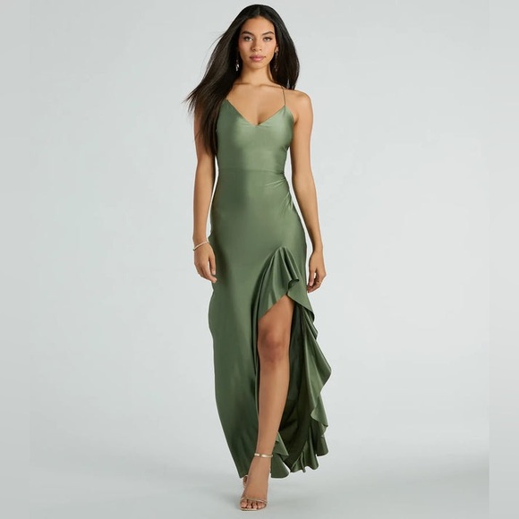 NWT Lainey Ruffled High Slit Long Formal Dress - Sage - Picture 1 of 9